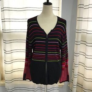 Onque Classics Women Size XL Rainbow Black Cardigan Long Flare Sleeve Stripes